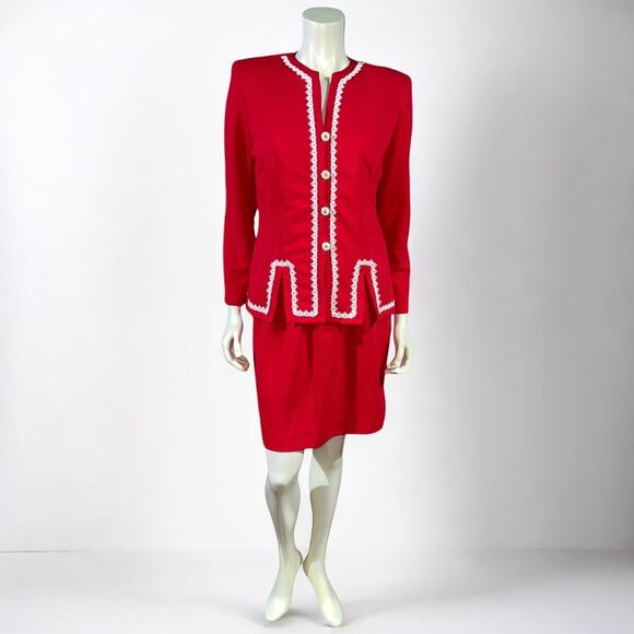 Pablo Collection Red Polyester Skirt Suit with White Loop Trim 1980s Power Suit - Picture 1 of 13